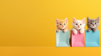 Fototapeta premium A fun cute cat background filled with kittens peeking out from colorful boxes and bags, perfect for adding a playful and inviting touch to designs.