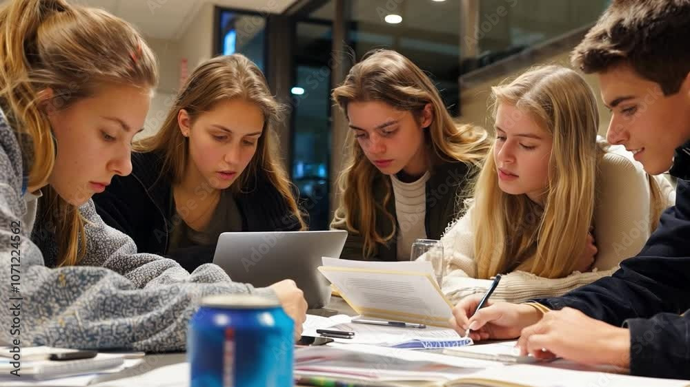 Aufkleber this group of five students is deeply engaged in their project work around a table.