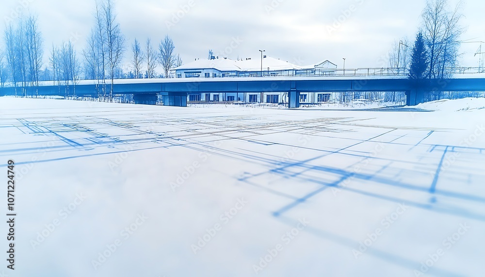Aufkleber A serene winter landscape featuring a snowy field under a cloudy sky, with a distant building and trees partially obscured by the frost.