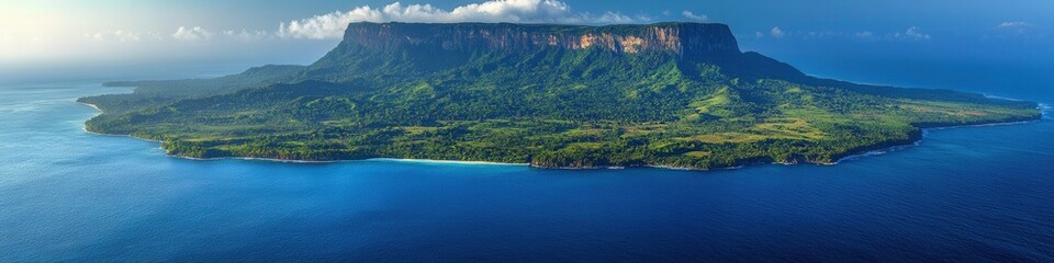 Naklejka premium Stunning Aerial View of Table Mountain Island Surrounded by Lush Greenery, Crystal Blue Ocean, and Cloudy Sky - Perfect Nature and Travel Destination