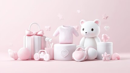 A soft cute baby background featuring a collection of adorable baby clothes and accessories arranged playfully, perfect for showcasing baby products or nursery decor.