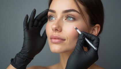 A beauty professional in black gloves is applying a facial treatment to a woman's face with a small tool. The scene is professional and focused on skincare.