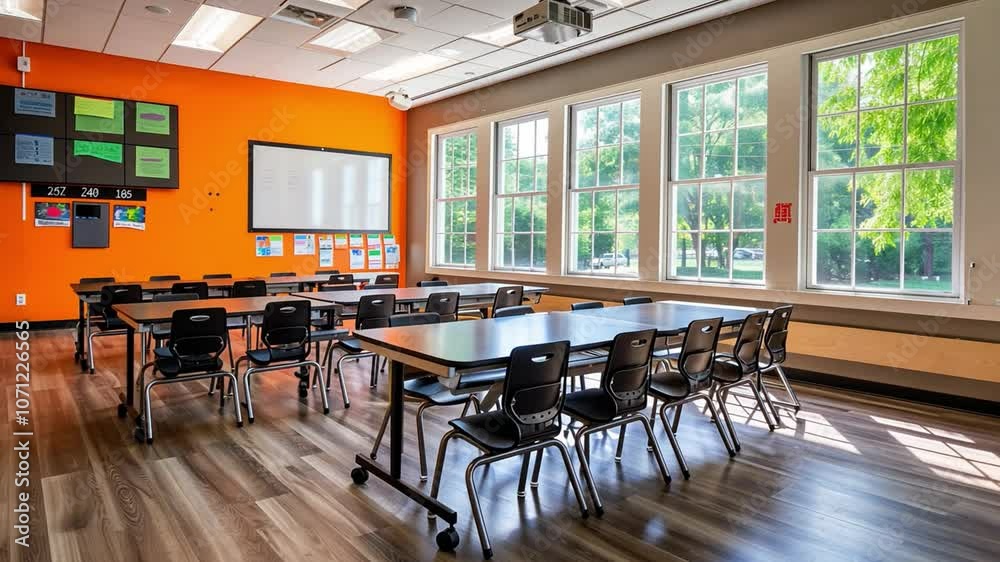 Poster this bright classroom with large windows, orange walls, and tables set up for learning.