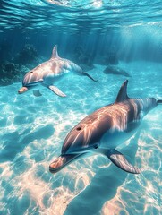 Obraz premium one pale pink dolphins flying out of the sea, peaceful scene, clear and transparent water, dreamy colors, high level of detail, generative ai