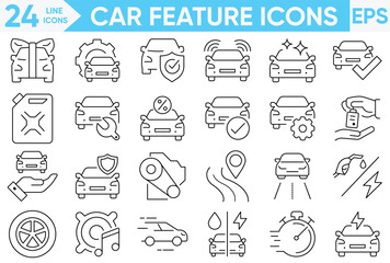 Car Features outline icons set. Steering, GPS, headlights, fuel, seatbelt, tire, engine, parking sensor and more.vector and illustrator set.