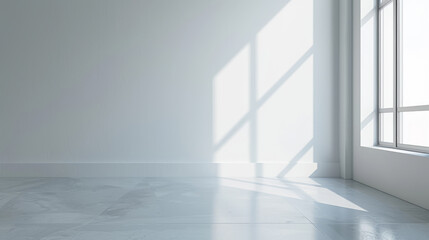 Fototapeta premium Sunlight streams through a window in a modern, minimalist room. The white walls and tiled floor create a bright and airy space, perfect for showcasing products or capturing lifestyle shots.