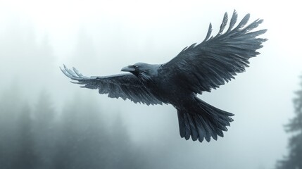 Obraz premium Raven in Flight Through Misty Forest