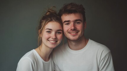 Obraz premium Happy Young Couple Smiling Together in Studio Light