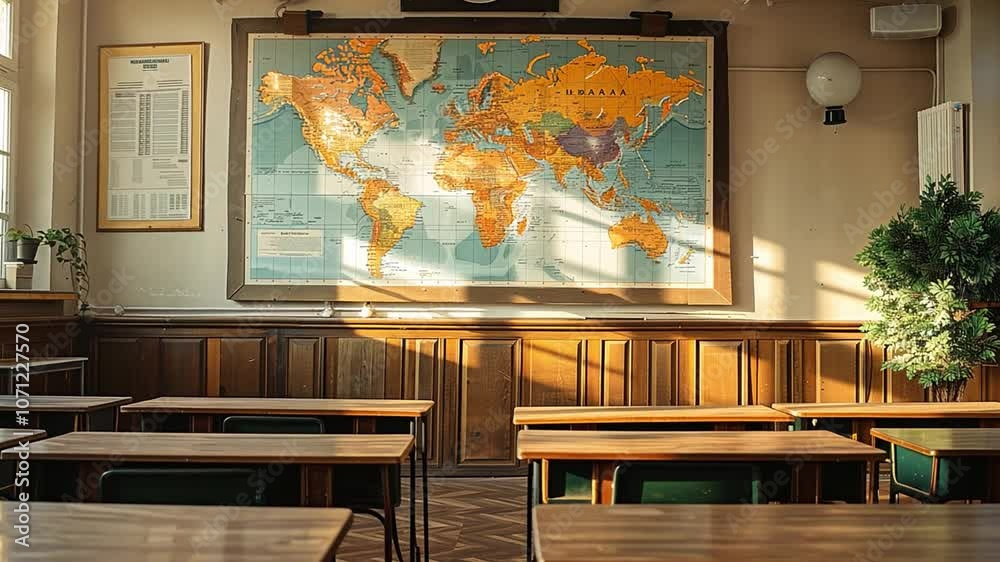 Aufkleber this well-lit classroom features wooden desks and a large world map displayed prominently.