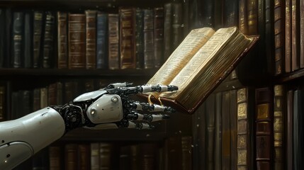 Robot Hand Reaching for Antique Book in Library