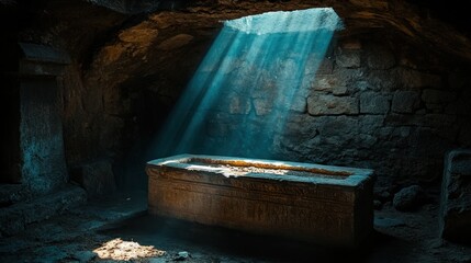 A stone sarcophagus in a dark, ancient tomb with a beam of light shining through an opening in the ceiling.