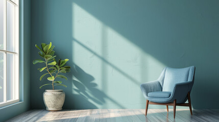 A single blue armchair sits in a room with a large window, a potted plant, and a light blue wall. The light shines through the window, creating a bright and airy atmosphere.