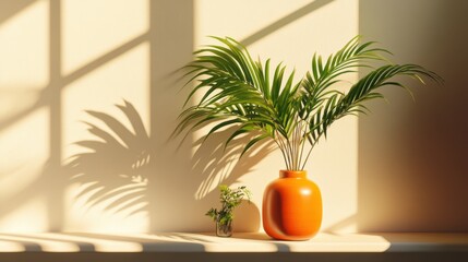 Obraz premium Orange vase with green plants and soft shadows