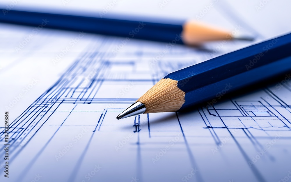 Poster a close-up of blue pencils resting on architectural blueprints, showcasing precision and creativity 