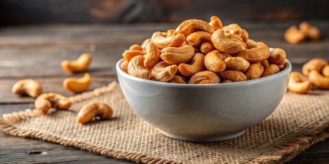 Fototapeta premium Closeup view of roasted salted cashews in a bowl, a healthy snack , nuts, cashews, roasted, salted, bowl, closeup, food