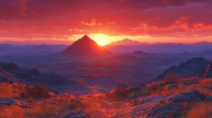 Fototapeta premium A vibrant sunset illuminates a mountain range, with a single, tall peak silhouetted against the fiery sky.