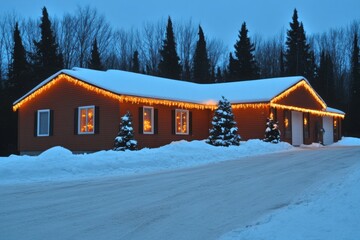 Snow-covered house decorated with Christmas lights in a winter landscape