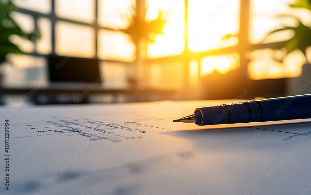 Poster a close-up of a pen resting on paper, with a warm sunset glowing through large windows, creating a s