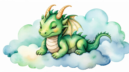 Obraz premium A green dragon sleeps peacefully on fluffy clouds in a watercolor dream.
