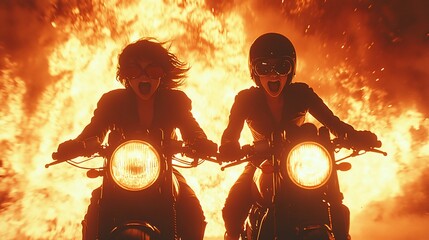 Two riders on motorcycles against a fiery backdrop, exuding excitement.