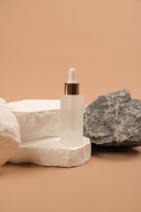 Frosted Glass Serum Dropper Bottle with Green Leaves and Stone Background