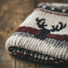 Close-up of a cozy knitted sweater with a classic deer pattern, thick and soft texture, warm natural lighting, displayed on a wooden surface for a rustic, winter fee