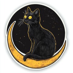 Cute black cat sitting on crescent moon. Vector illustration.