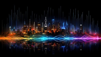 Vibrant city skyline with soundwave design and colorful lights.