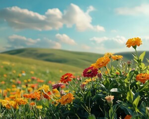 Vibrant field of zinnias in full sunlight