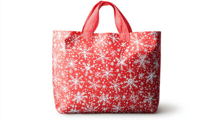 A vibrant red tote bag adorned with white snowflake patterns, perfect for holiday shopping or seasonal festivities.