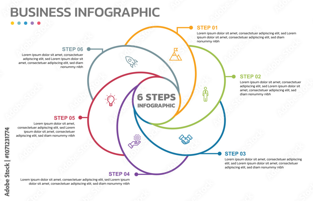 Poster Visual data presentation. Cycle diagram with 6 options. Pie Chart Circle thin line infographic template with 6 steps, options, parts, segments. Business concept. Editable pie chart with sectors.