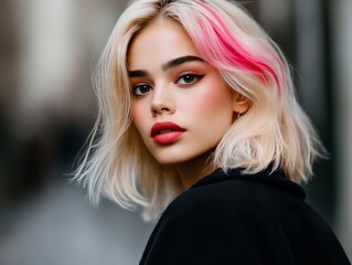 Fototapeta premium A woman with blonde hair with pink highlights and red lipstick
