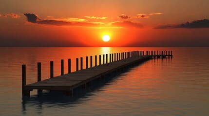 Fototapeta premium A wooden pier stretches out into the ocean at sunset, with the sun setting in the distance.