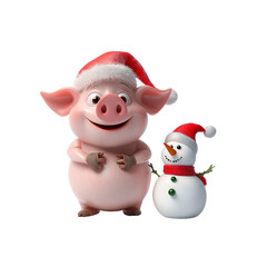 Happy Piglet in Santa Hat with Snowman for Christmas Card