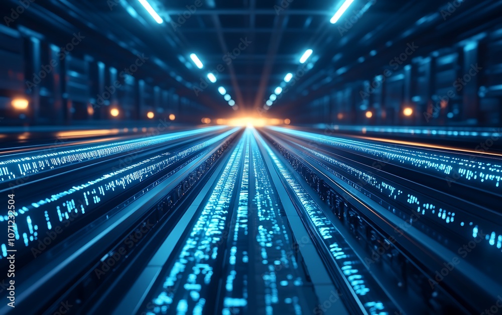 Leinwandbilder a futuristic perspective of bright binary data streams converging into a luminous horizon, symbolizi