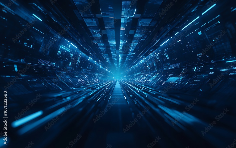 Poster A futuristic tunnel of vibrant blue lights and digital effects, creating a sense of depth and motion.