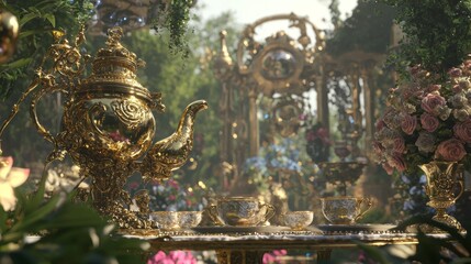 Obraz premium Enchanted Steampunk Tea Party in a Mechanical Garden 3D Render Artwork