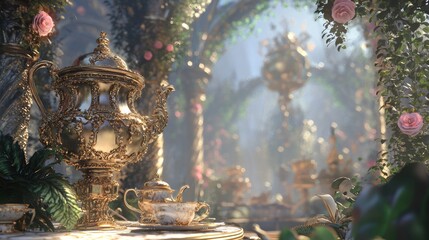 Obraz premium Whimsical Steampunk Tea Party in a Garden of Invention | 3D Render Ultra-Detailed Artwork