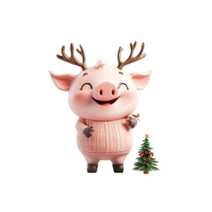 Obraz premium Cute Pig with Reindeer Antlers Holding a Christmas Tree Ornament