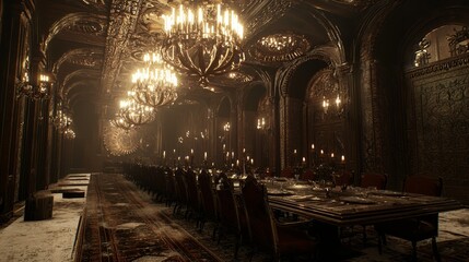 Obraz premium Opulent Steampunk Dining Room with Industrial Charm - Detailed 3D Rendered Artwork