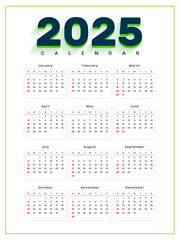 minimal 2025 annual calendar template office desk or wall