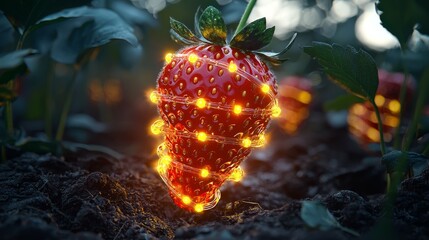 Glowing DNA structure embedded in a strawberry, gene modification theme