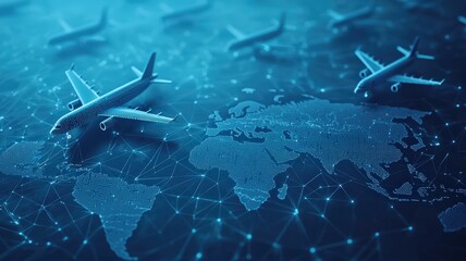 A digital representation of aircraft flying over a map, symbolizing global travel and connectivity through networks and data visualization.