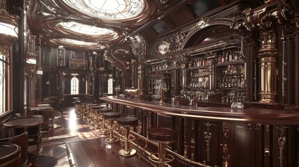 Fototapeta premium Steampunk Bar: A Vintage Sanctuary of Creativity and Camaraderie in 3D Render Art Form