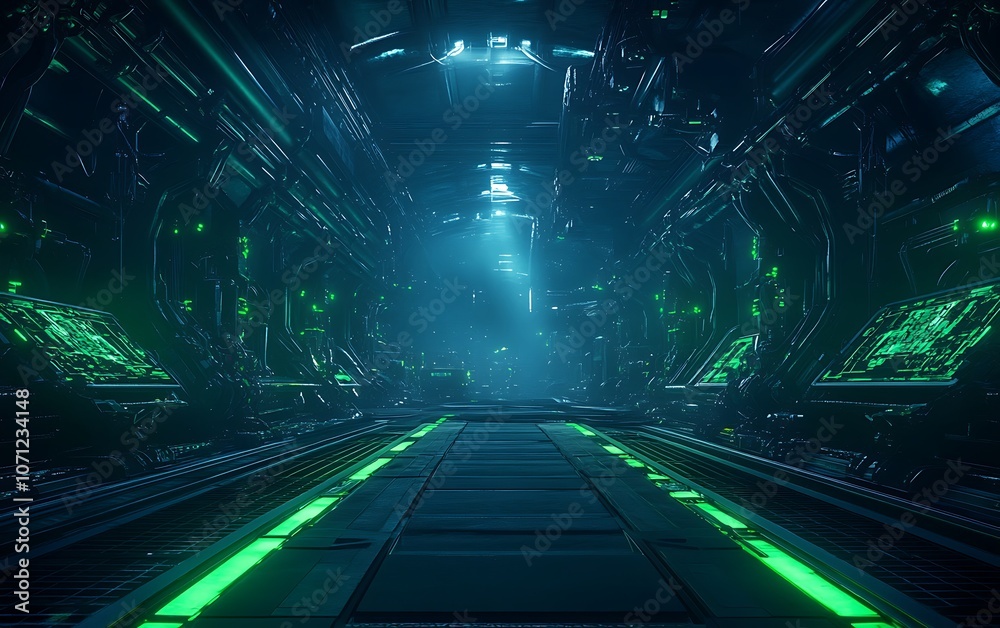 Poster a futuristic corridor with glowing green lights, surrounded by high-tech structures, creating a myst