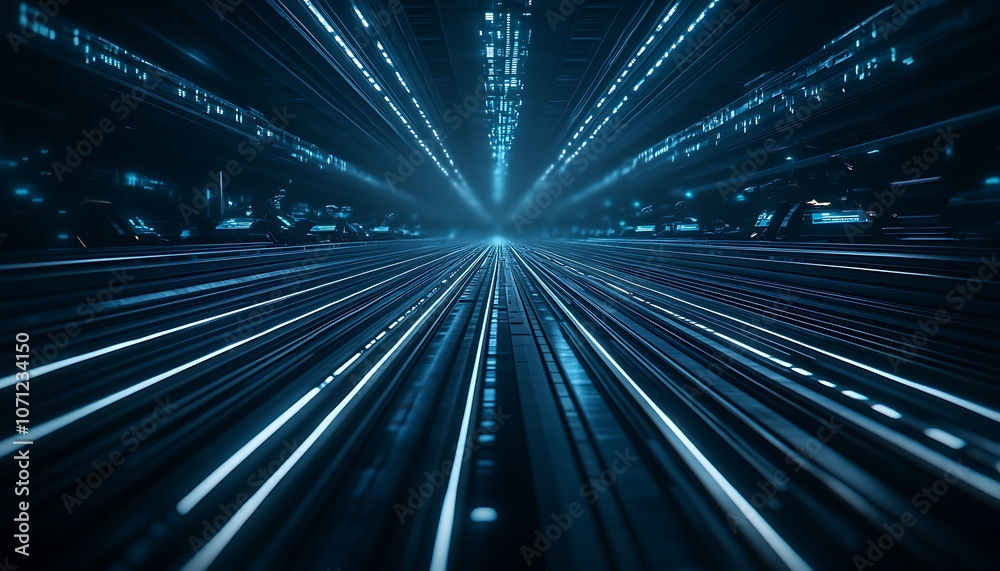 Aufkleber A futuristic scene depicting a dynamic array of glowing lines and light beams, creating a sense of depth and speed in a digital landscape.