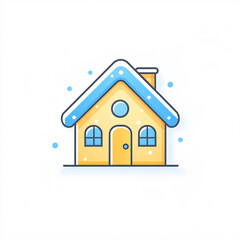 Fototapeta premium A colorful, winter-themed illustration of a cozy house with a snow-covered roof, surrounded by falling snowflakes.