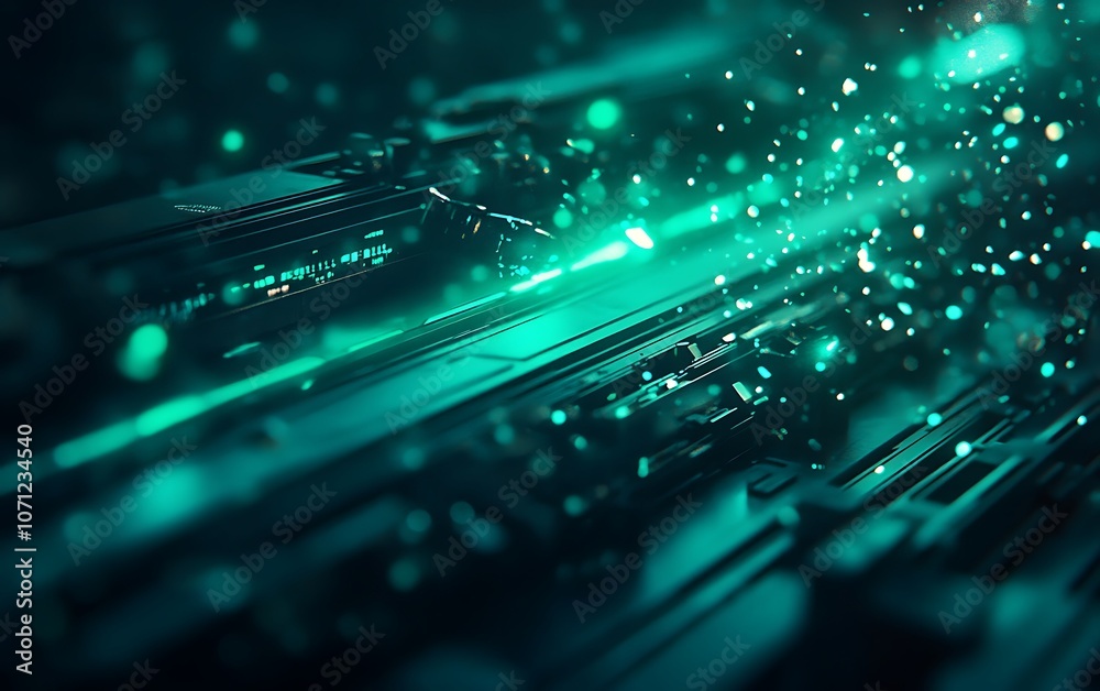 Poster An abstract digital scene featuring glowing teal particles and lines, creating a futuristic and high-tech ambiance.