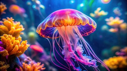 Obraz premium Jellyfish gracefully swimming in a colorful aquarium tank, jellyfish, dangerous, aquarium, underwater, marine life