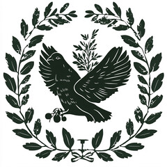 Obraz premium A stylized emblem featuring a crow with wings spread, surrounded by a laurel wreath and olive branches, symbolizing strength and peace.